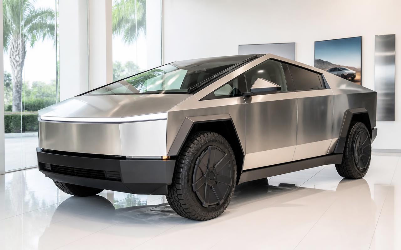 Stainless steel Tesla Cybertruck AWD in a showroom