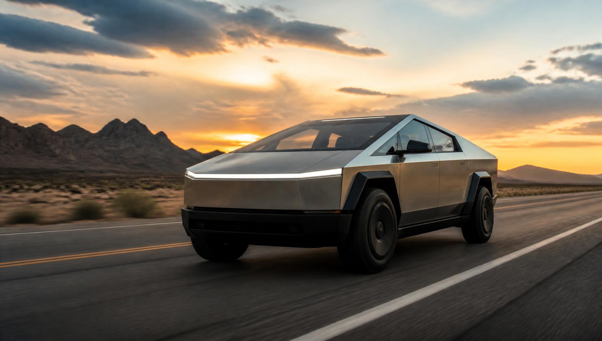 Stainless steel Tesla Cybertruck driving on a desert highway at sunset