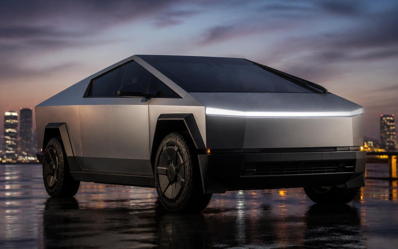Silver Tesla Cybertruck Foundation Series at dusk